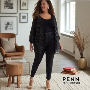 NEW, Penningtons, Black & Gold Sheer Open Kimono, Plus Size X / 1X